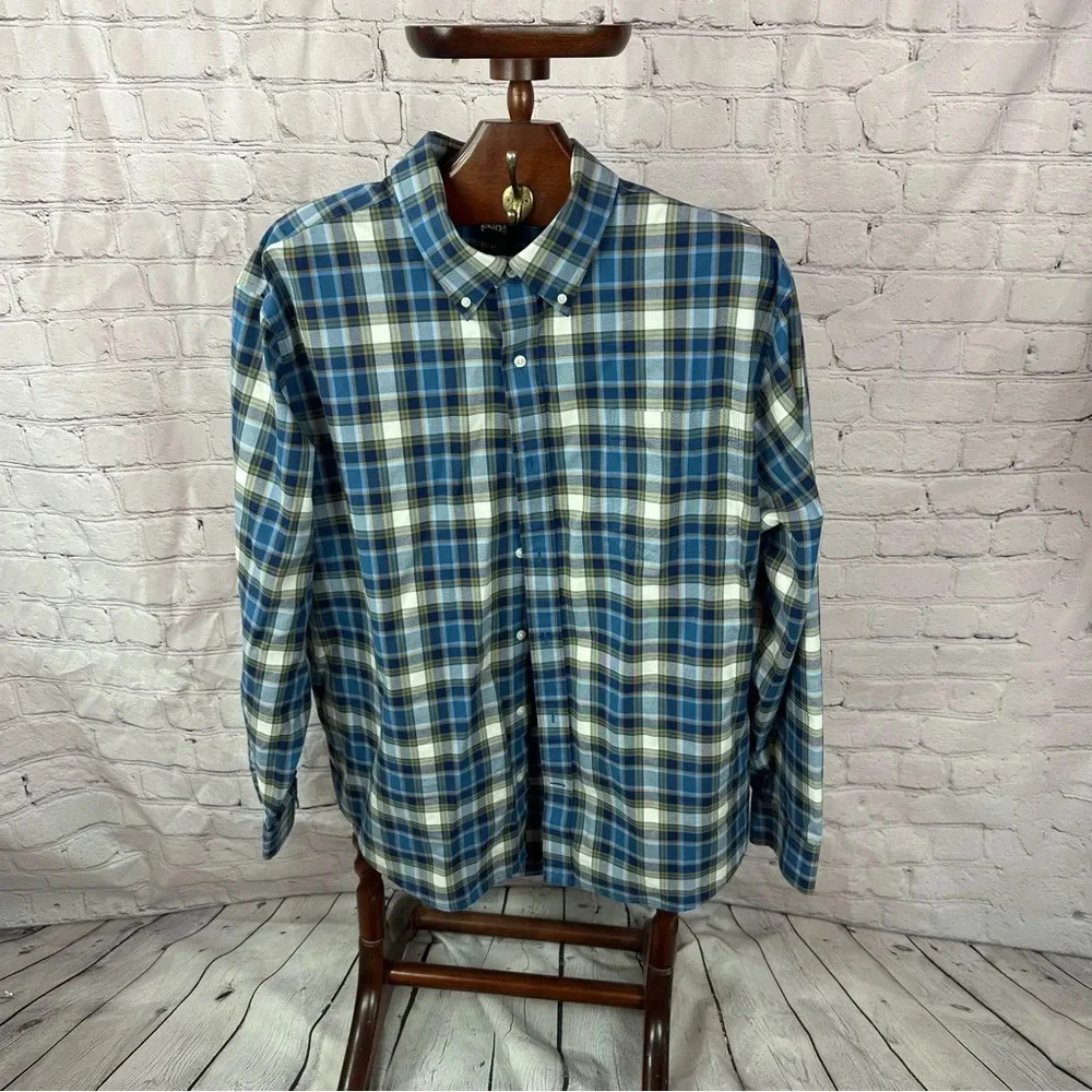Lands' end button down no iron twill shirt blue gold plaid XXL 2X